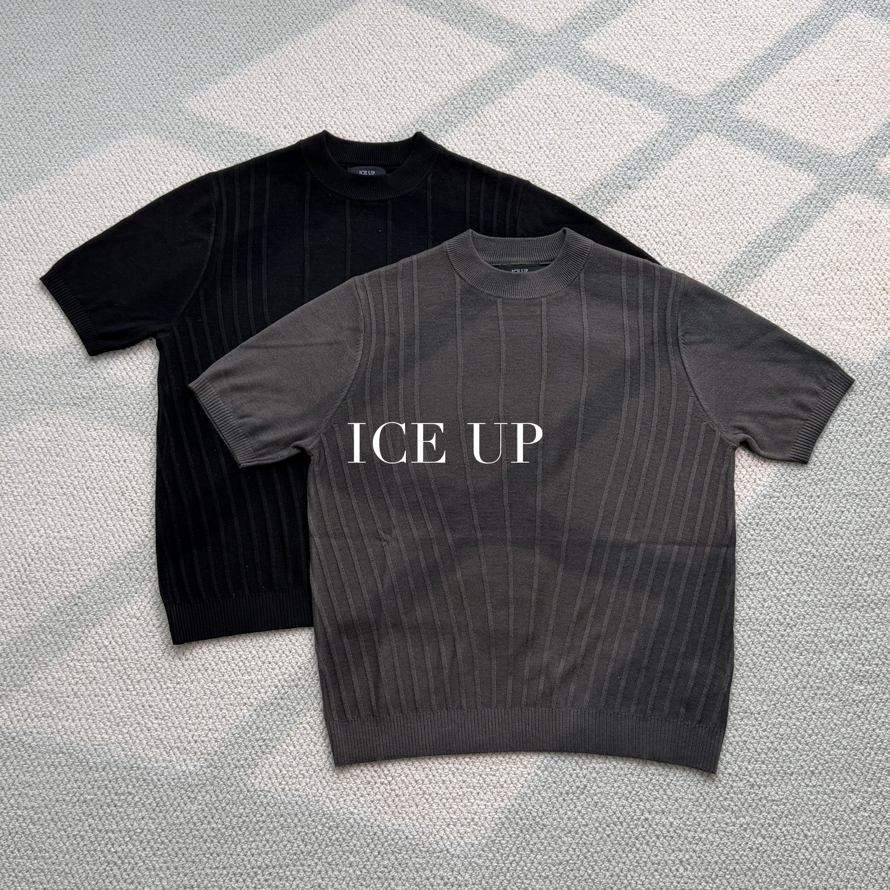ICE UP不规则射线条纹羊毛桑蚕丝短袖提花中领针织衫轻薄透气夏季