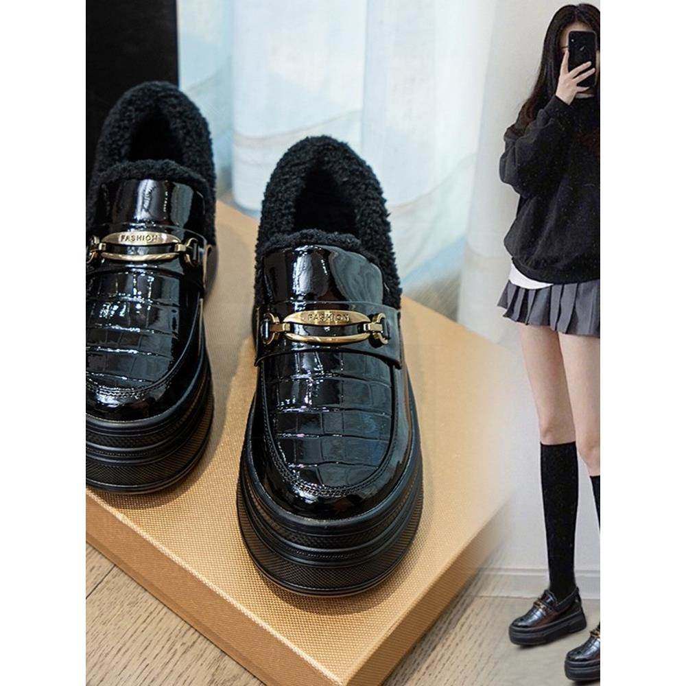 香港厚底乐福鞋女冬季百搭加绒小皮鞋毛毛棉鞋内增高一脚蹬松糕鞋,女鞋,乐福鞋（豆豆鞋）,淘宝优惠券,粉丝福利购,淘宝优惠卷