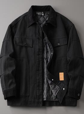 黑色牛仔外套男士秋冬季加厚棉衣可拆卸内里加棉宽松大码潮牌夹克