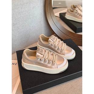 香港厚底小白鞋女款2025年春季新款真皮绸缎系带休闲板鞋运动女鞋