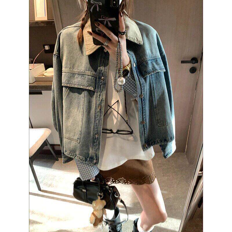 2026春秋新款复古做旧牛仔外套女高级感撞色拼接宽松短款水洗夹克