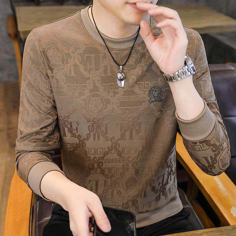 男士长袖T恤春秋季新款圆领宽松提花薄款时尚卫衣烫钻打底衫男潮