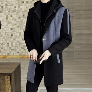 羊毛呢子大衣男冬季中长款2025新款连帽拼接潮流风衣男士羊绒外套