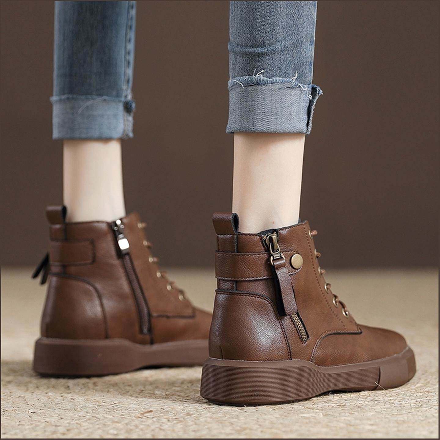 香港真皮复古英伦风马丁靴女2026新款软底短靴加绒保暖短筒棉靴子,女鞋,马丁靴,淘宝优惠券,粉丝福利购,淘宝优惠卷