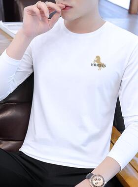 纯棉长袖T恤男新款春秋内搭潮流修身白色简约体恤圆领印花打底衫