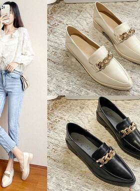 白色乐福鞋女仙女风平底2025年新款春秋季尖头小皮鞋厚底上班单鞋