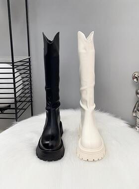 潮牌小个子不过膝长筒靴女2025新款秋冬厚底骑士靴高筒白色长靴