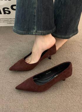 潮牌晚晚风女士红色细跟单鞋春秋法式气质尖头中跟通勤时髦奶奶鞋