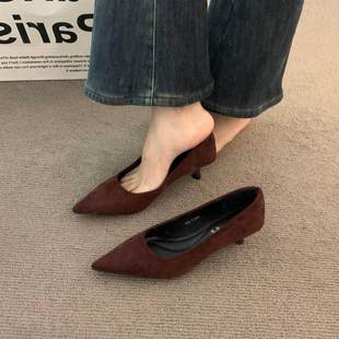 潮牌晚晚风女士红色细跟单鞋春秋法式气质尖头中跟通勤时髦奶奶鞋