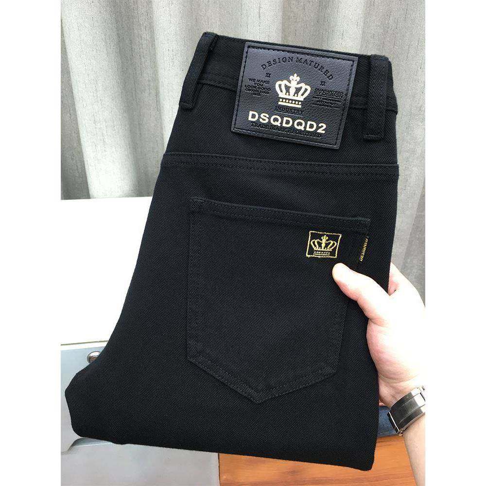 欧洲站刺绣黑色牛仔裤男秋冬款高端弹力修身小直筒休闲纯黑九分裤