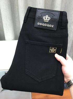 欧洲站刺绣黑色牛仔裤男秋冬款高端弹力修身小直筒休闲纯黑九分裤