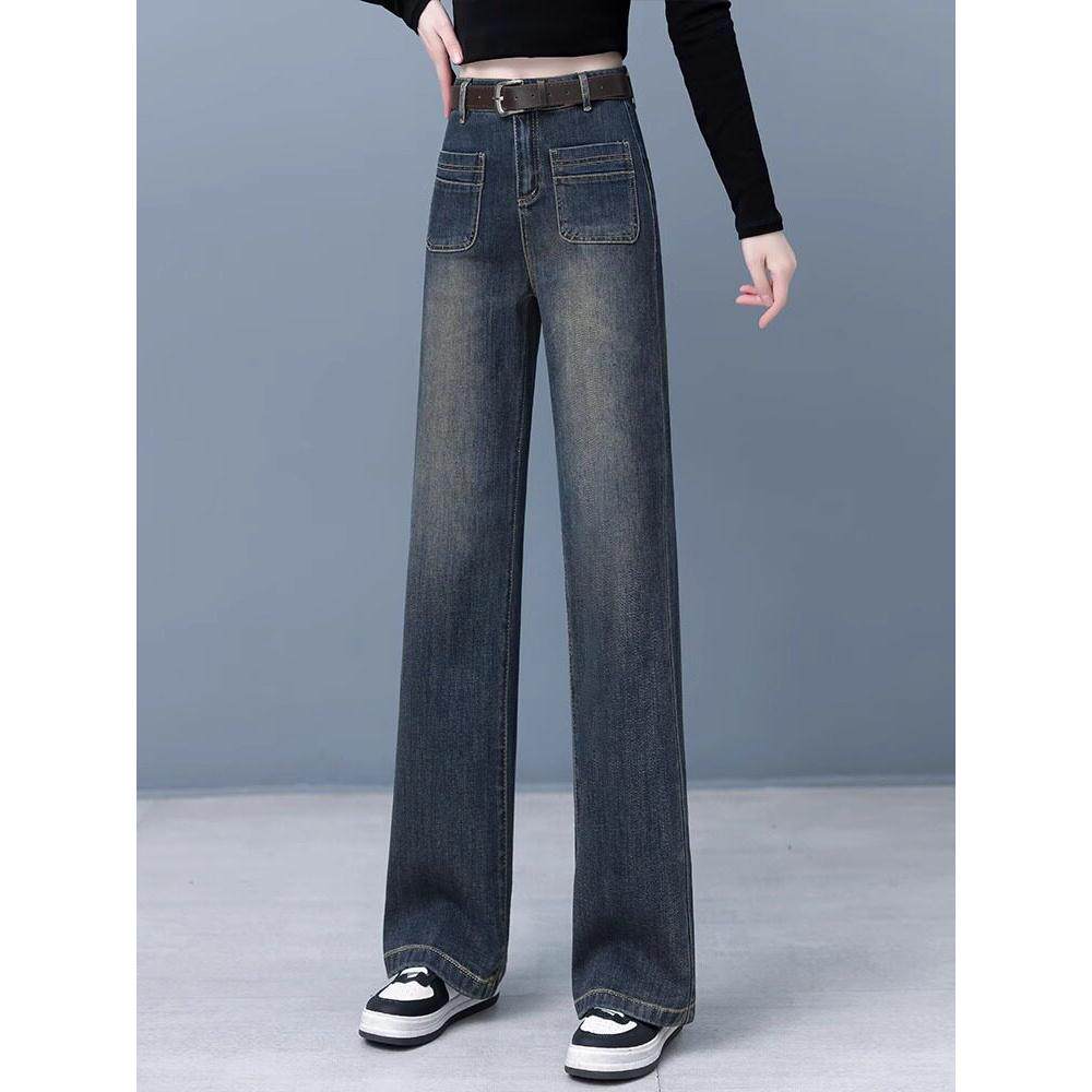 水泥灰直筒牛仔裤女2025春秋新款加绒加厚垂感小个子窄版阔腿裤子