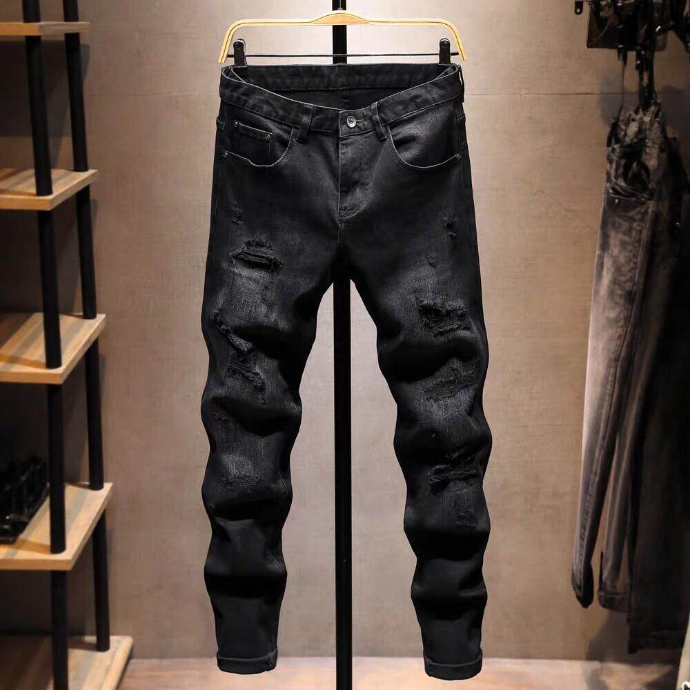 高端潮牌黑色破洞牛仔裤男秋冬痞帅高端修身弹力刮烂补丁小脚长裤