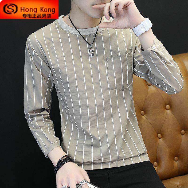 长袖T恤男纯棉薄款2025新款春秋季韩版潮流卫衣竖条纹男士打底衫
