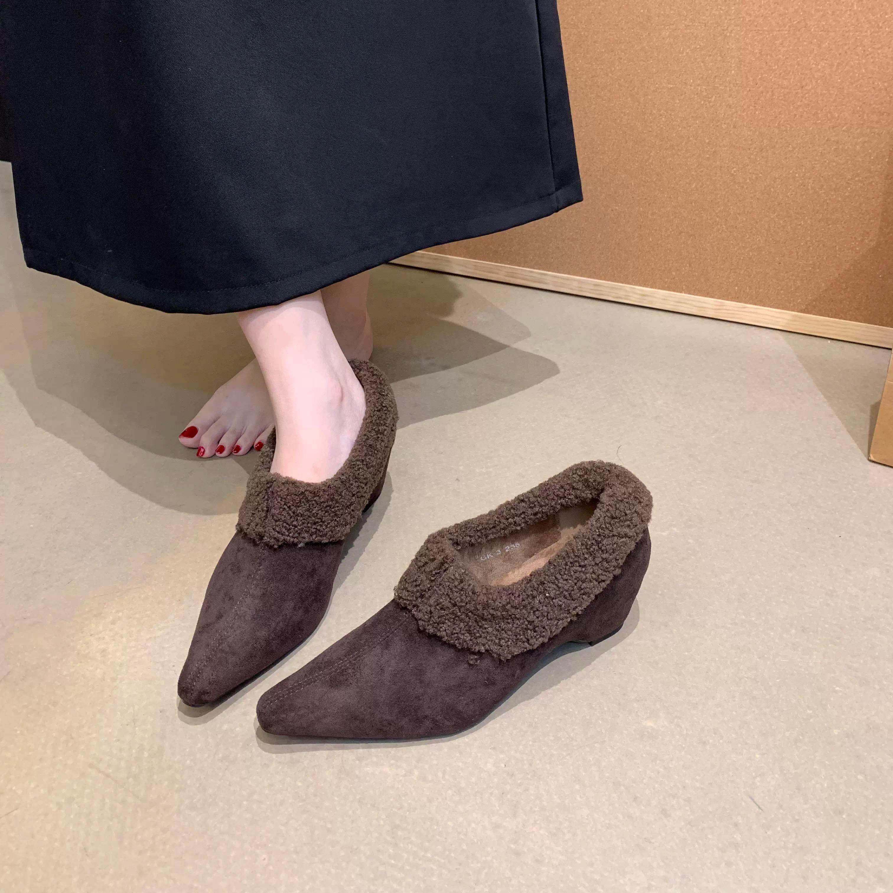 潮牌内增高玛丽珍毛毛鞋女2025新款冬季加绒保暖棉鞋尖头平底单鞋,女鞋,浅口单鞋,淘宝优惠券,粉丝福利购,淘宝优惠卷