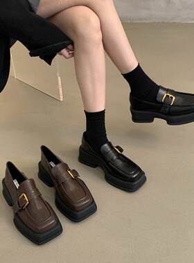 潮牌增高厚底乐福单鞋女2025春秋新款复古方头粗跟小皮鞋女英伦风