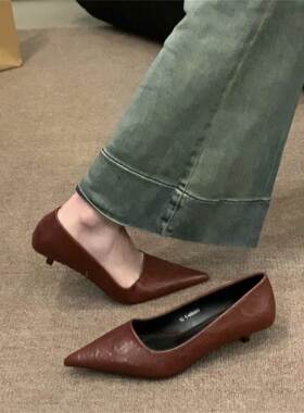 店主自留新款~法式气质单鞋女2025春秋季真皮尖头细跟红色高跟鞋