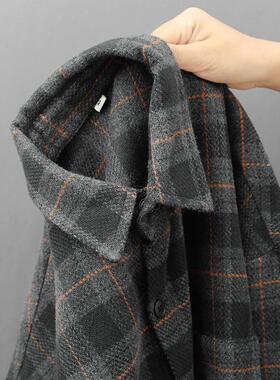 GM新潮 复古港风 小众设计感！灰色格子衬衫男士秋冬百搭休闲外套