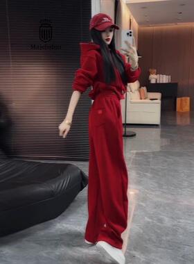正品2025秋冬红色运动休闲套装女宽松时尚减龄加绒卫衣卫裤两件套