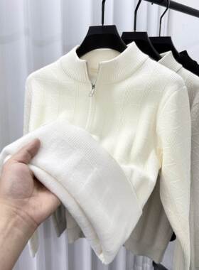 MAROLIO~半高领毛衣男士加绒加厚雪尼尔打底衫冬季保暖半拉炼卫衣