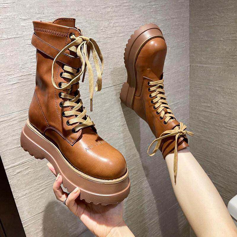 香港2025年新款大头马丁靴女松糕厚底中筒女靴英伦风增高春秋单靴