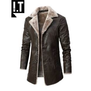 潮牌大码中长款真皮皮衣男冬季翻领皮毛一体夹克加绒加厚风衣外套