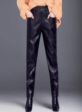 黑色皮裤女春秋新款加厚大码宽松萝卜裤小个子外穿小脚靴裤哈伦裤