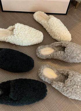 潮牌加绒毛毛鞋外穿秋冬季新款韩版超chic羊羔毛百搭厚实半拖鞋女