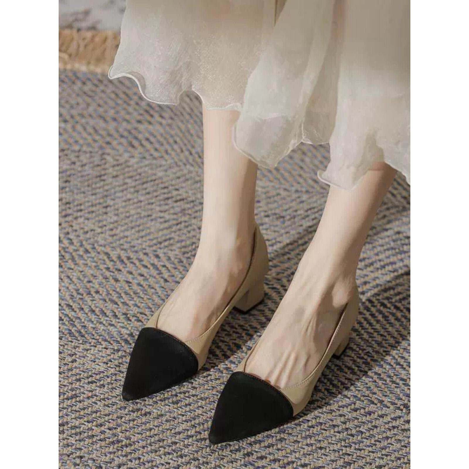 店主自留新款~中跟真皮高跟鞋女春秋小香风粗跟浅口尖头职业单鞋