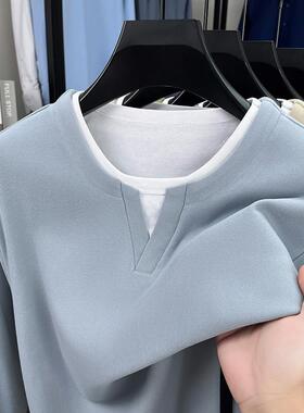 MAROLIO~高档时尚假两件圆领卫衣男秋冬季潮流长袖宽松休闲打底衫