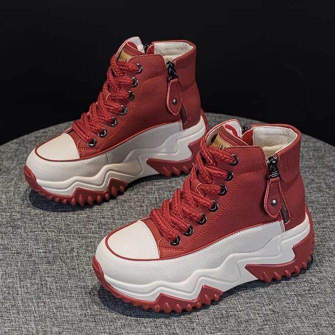 香港真皮高帮鞋女2025春季新款女鞋百搭厚底休闲运动松糕小白鞋潮