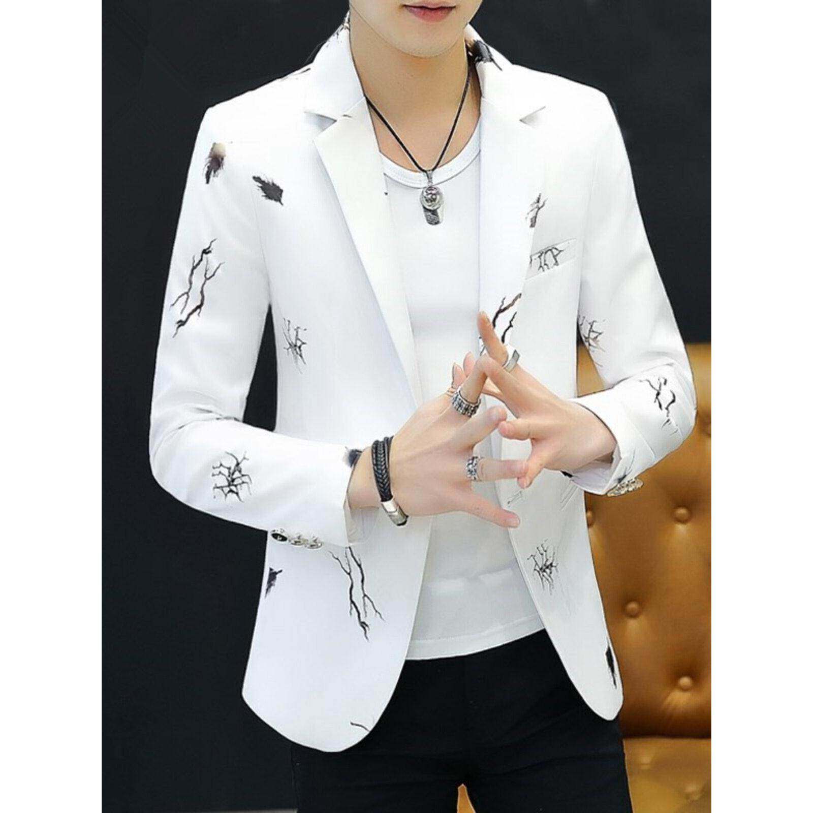 潮牌印花西服男春秋新款韩版修身潮流帅气小西装青年休闲西服外套