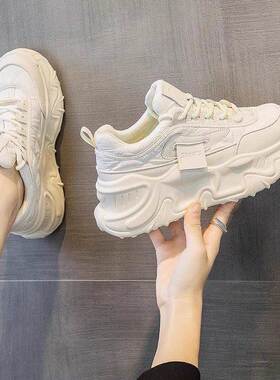 香港2024春秋新款厚底增高爆款白色老爹鞋真皮百搭软底休闲小白鞋