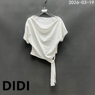 一字肩系带短袖 时尚 T恤女不规则下摆百搭上衣 新款 欧洲站2026春季