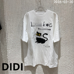 T恤女宽松纯棉上衣26002 字母刺绣猫咪印花短袖 欧洲站2026春季 新款