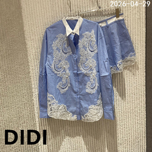 欧洲站2026夏季新款PH23蕾丝条纹衬衫短裤纯棉两件套女套装68656
