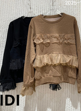 欧洲站2025秋冬季新款蕾丝荷叶边拼接圆领休闲长袖卫衣女14469