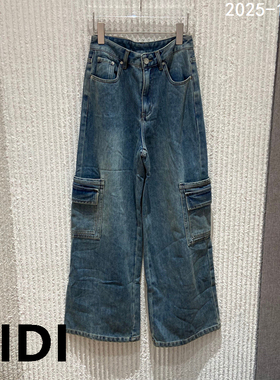 欧洲站2025冬季新款内抓绒口袋工装牛仔裤女宽松显瘦阔腿裤05588