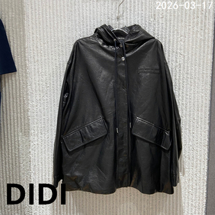 欧洲站2026春季 连帽抽绳拉链羊皮革皮衣女宽松休闲外套DK560 新款