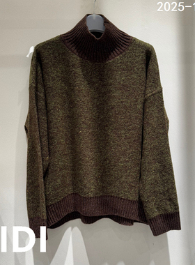 欧洲站2025冬季新款高领拼色长袖针织衫女宽松套头毛衣25626
