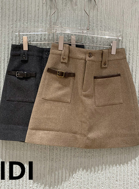 欧洲站2025秋冬季新款PH23高腰显瘦口袋A字半身裙女毛呢短裙59353