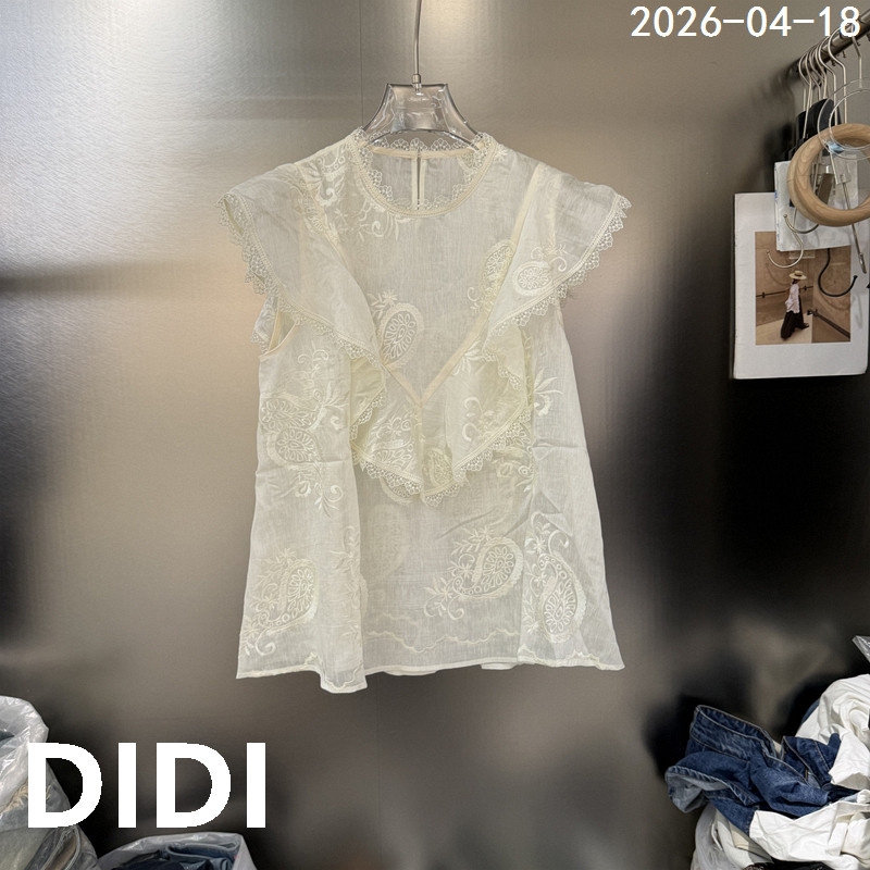 欧洲站2026夏季新款圆领荷叶边刺绣蕾丝花边苎麻无袖衬衫女0363