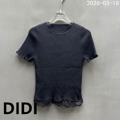 欧货时尚紧身拼蕾丝螺纹针织短袖