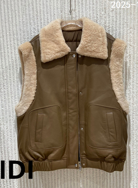 欧洲站2025秋冬新款拼毛绒翻领拉链羊皮革皮衣女羽绒服马甲DK583