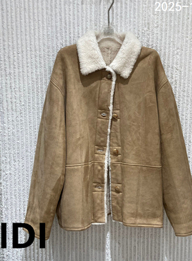 欧洲站2025冬季新款翻领单排扣羊毛革一体宽松保暖外套女DK426