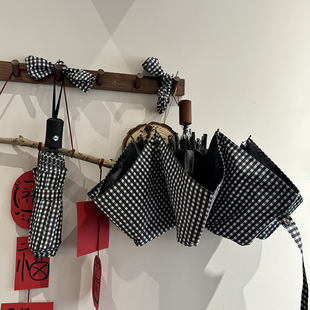 文艺复古款 男女通用 太阳伞 黑白格纹自动雨伞折叠晴雨两用 经典