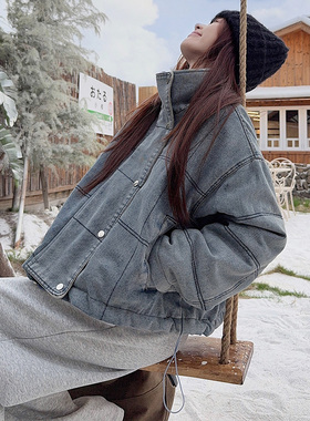 复古立领牛仔外套女秋冬开衫夹棉慵懒风宽松大码保暖长袖休闲上衣