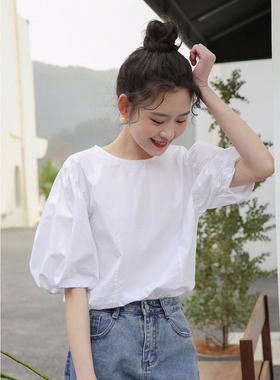 设计感小众小清新白色短袖衬衫女夏季2026新款法式泡泡袖上衣百搭