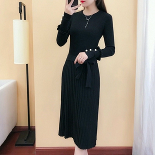 2026春季新款女装长款针织连衣裙长袖毛衣裙秋冬打底毛线裙百搭款