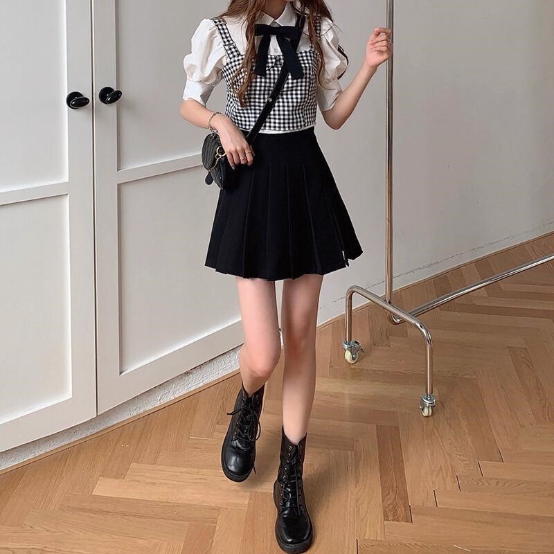 时尚套装女洋气格子吊带白衬衫设计感小众短裙裤三件套装潮/单件